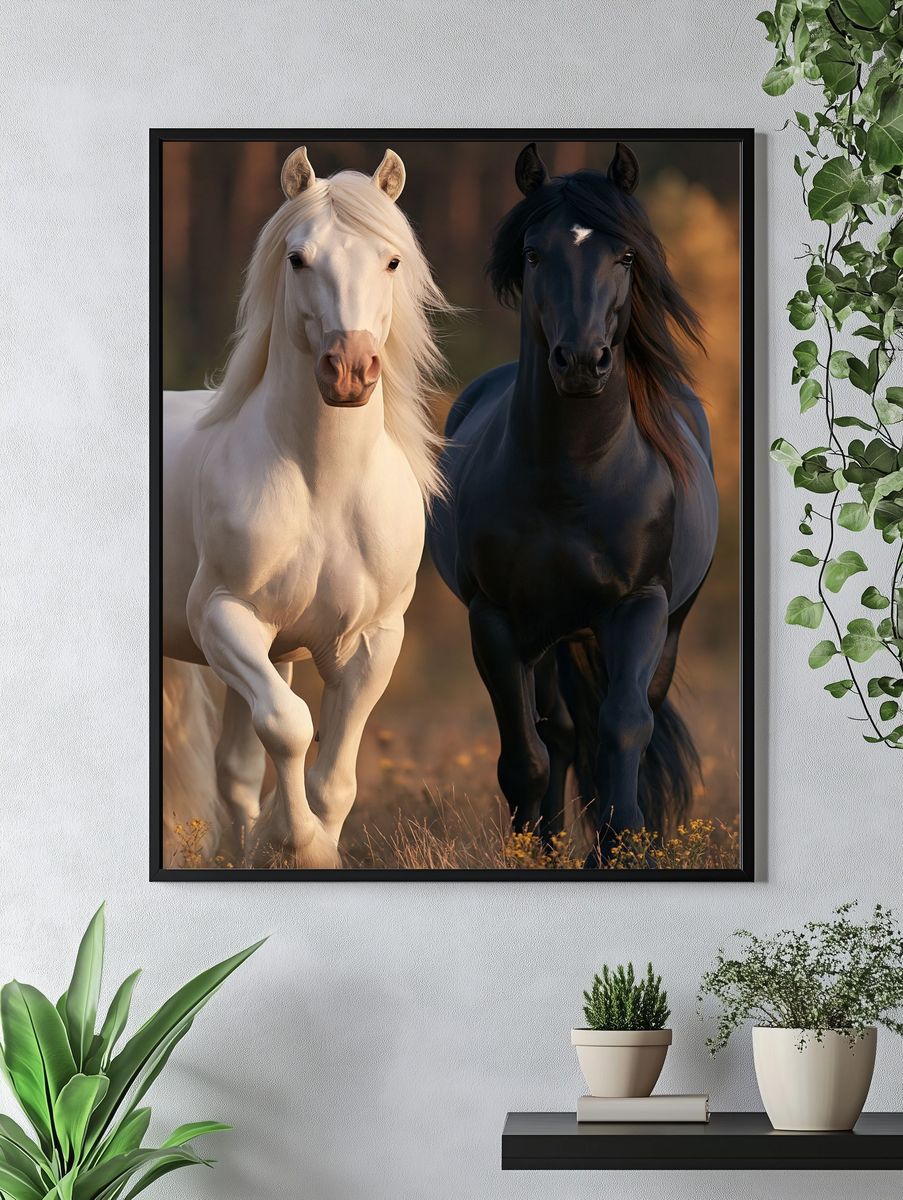 White and Black Horses Photography Poster. — room view 4
