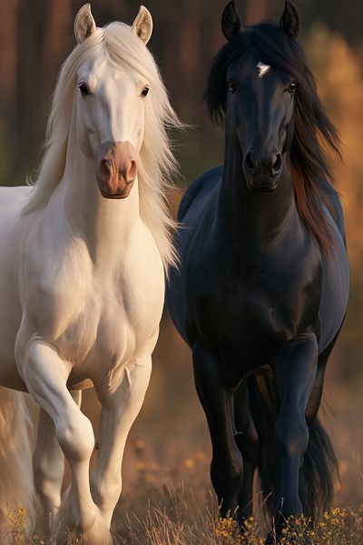 White and Black Horses Photography Poster.
