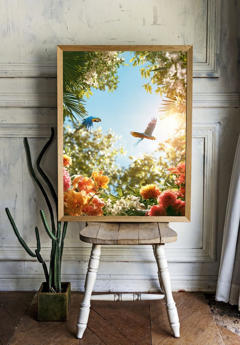 Tropical Parrots and Blooms Poster. room preview