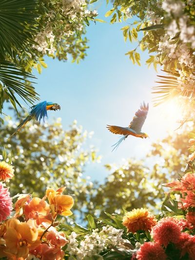 Tropical Parrots and Blooms Poster.