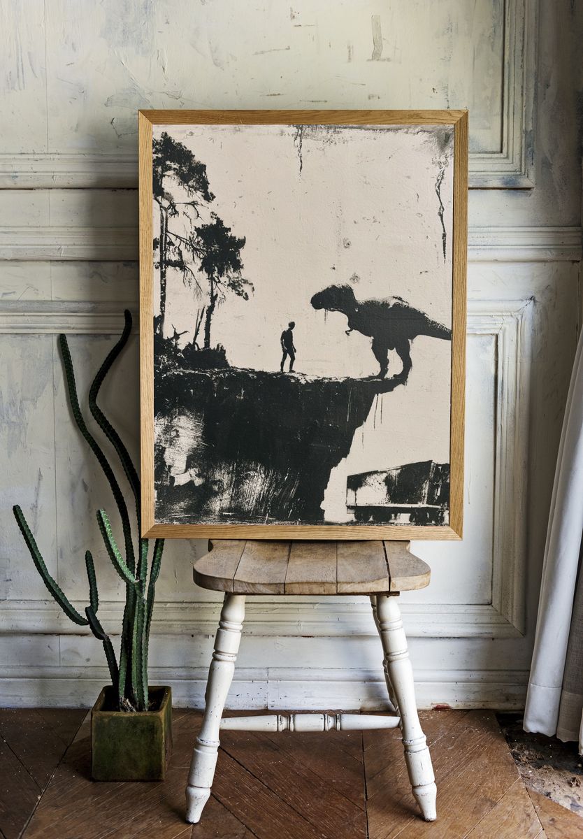 Dinosaur Cliff Encounter Print. room preview
