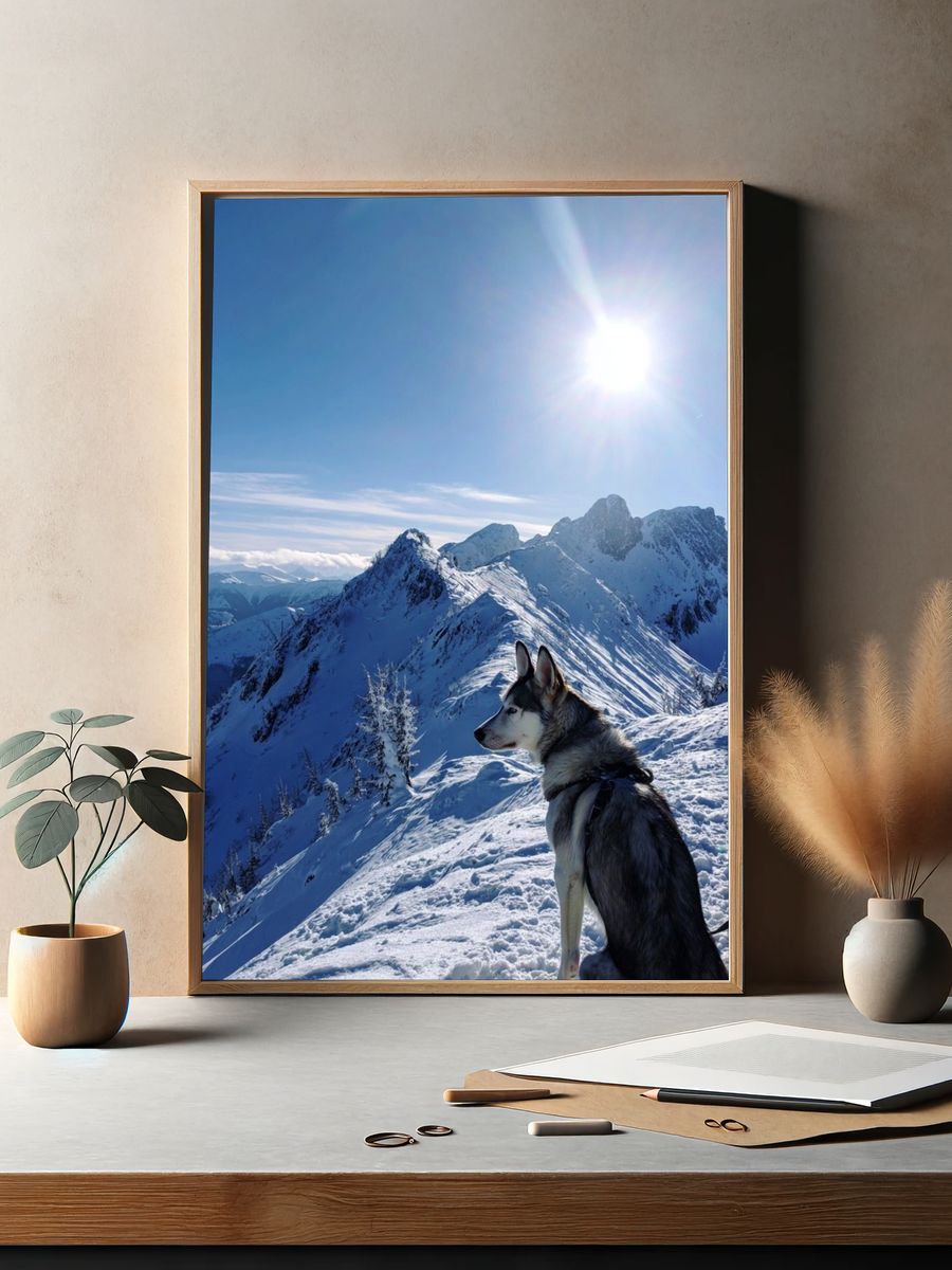 Husky on Snowy Mountain Peak Poster. — room view 2