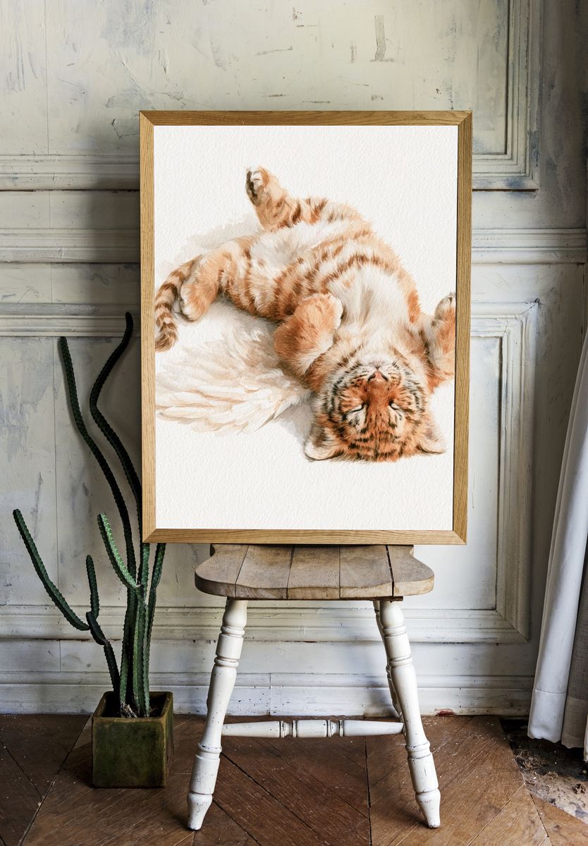 Sleeping Tiger Cub Watercolor Poster. room preview