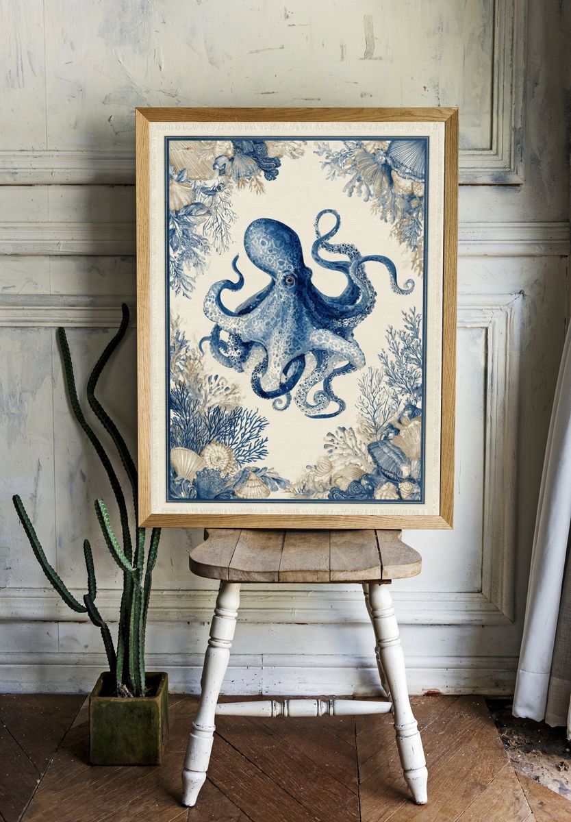 Blue Octopus Coastal Illustration Poster. — room view 1