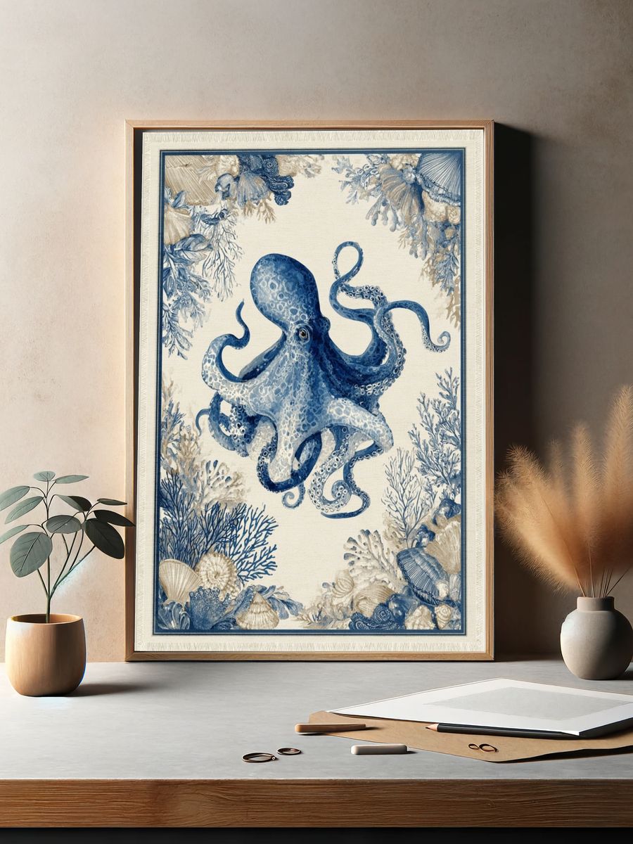 Blue Octopus Coastal Illustration Poster. — room view 2