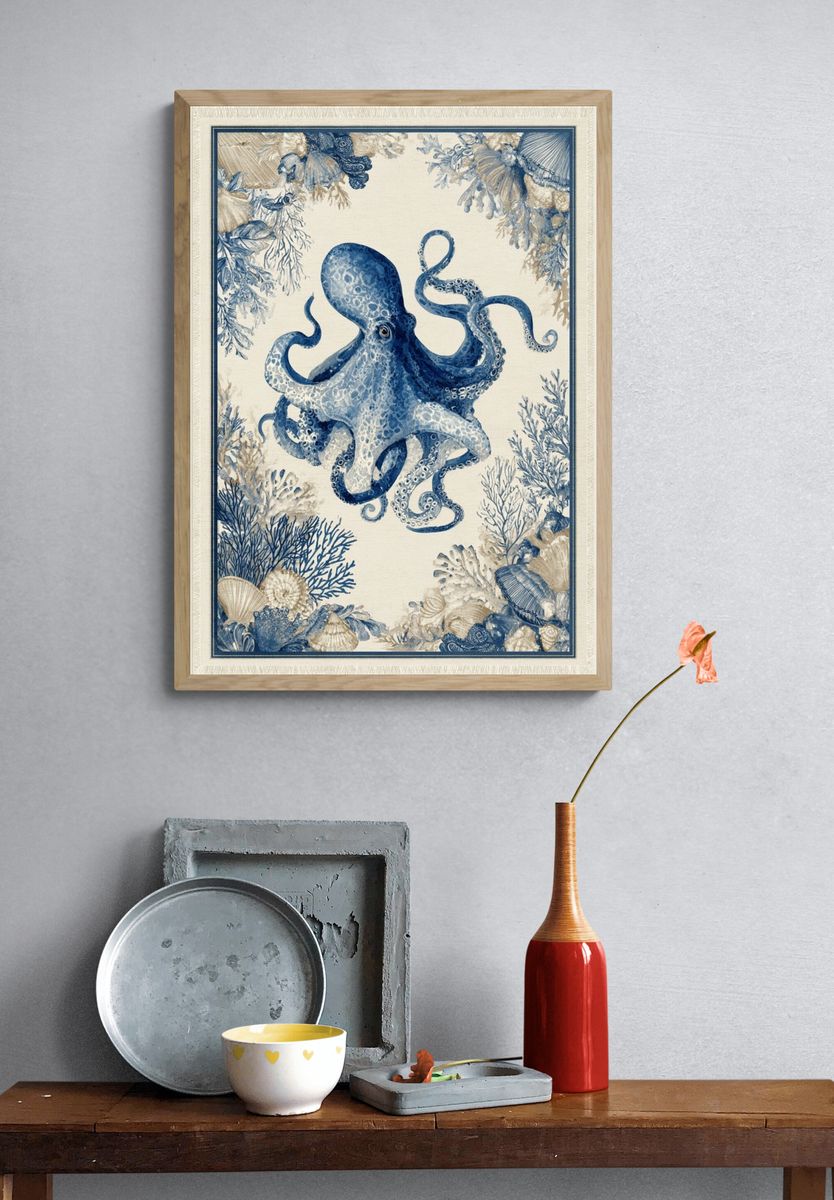 Blue Octopus Coastal Illustration Poster. — room view 3