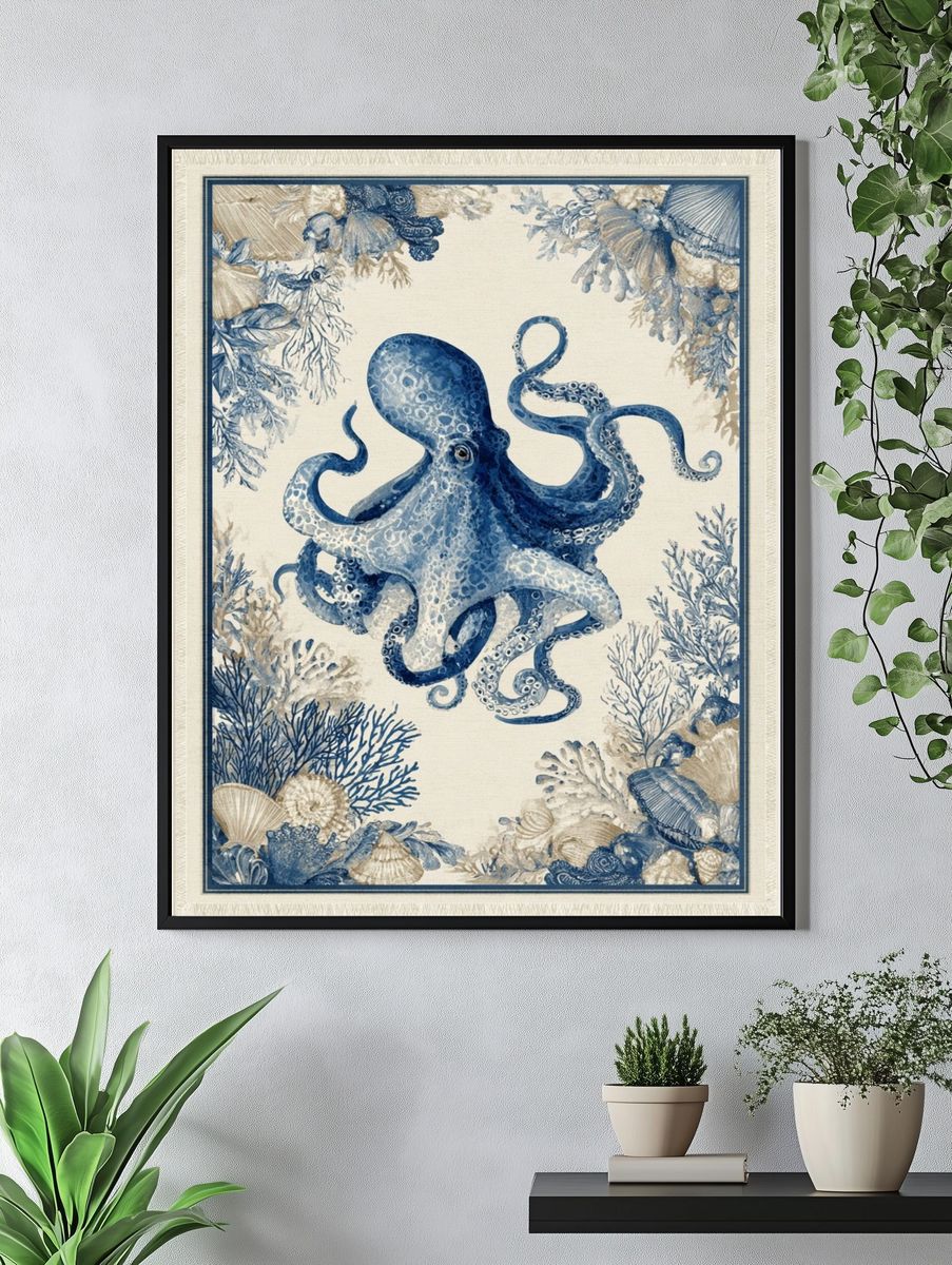 Blue Octopus Coastal Illustration Poster. — room view 4
