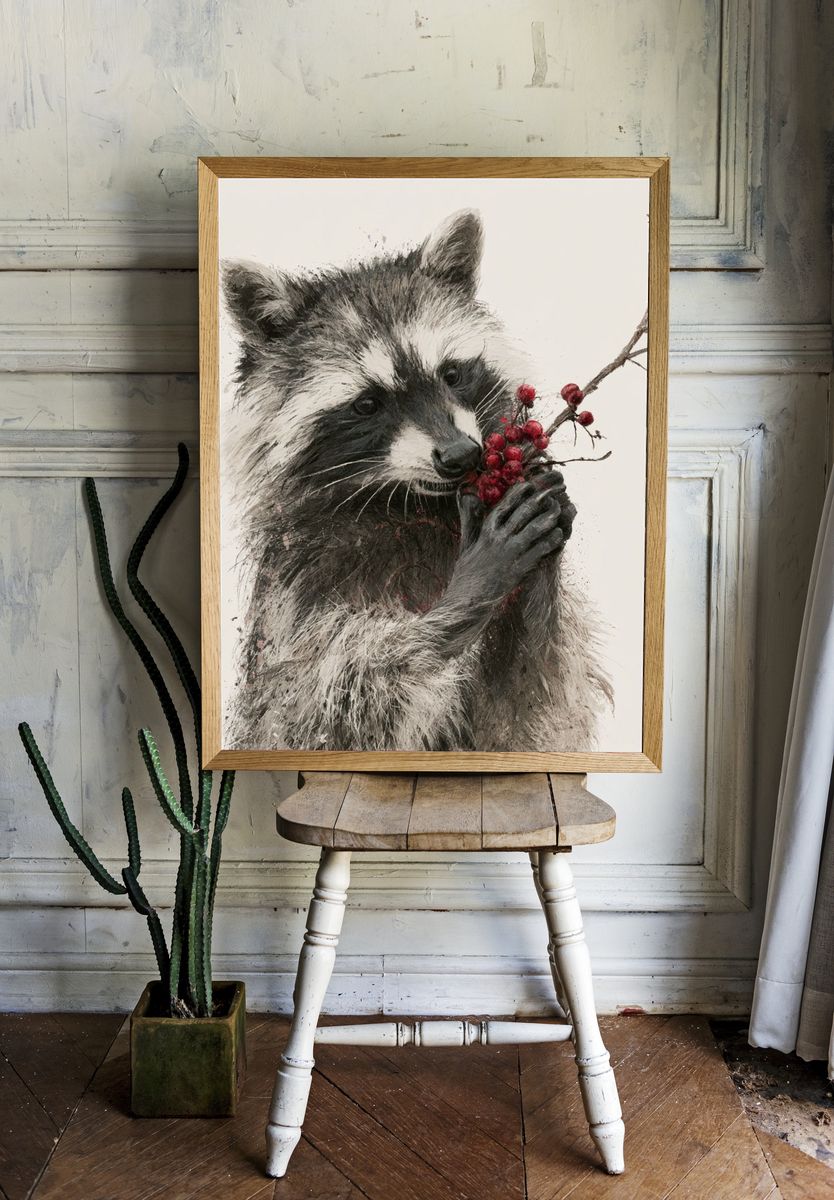 Raccoon with Berries Illustration Poster. room preview