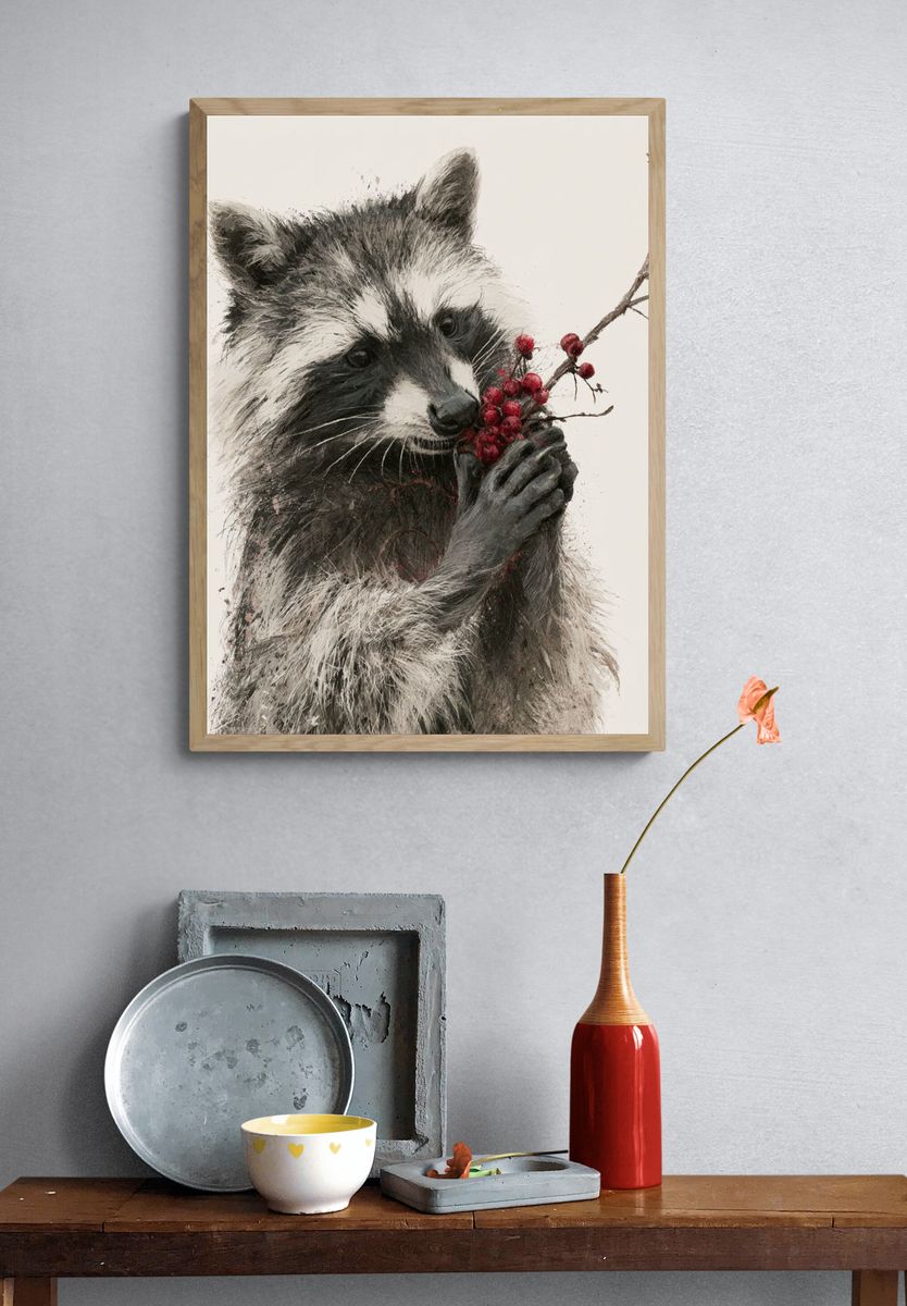 Raccoon with Berries Illustration Poster. — room view 3