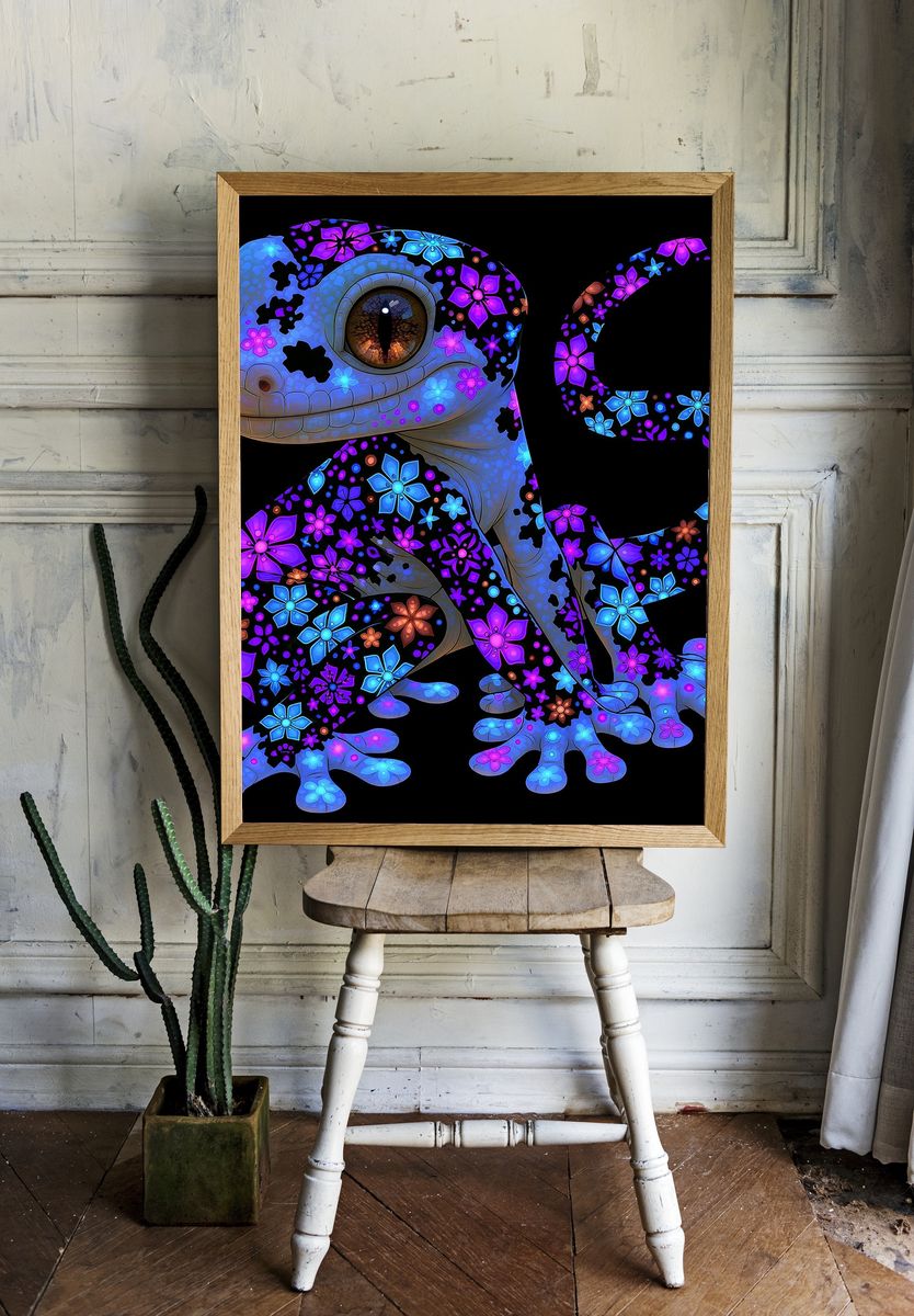 Floral Gecko Illustration Poster. — room view 1