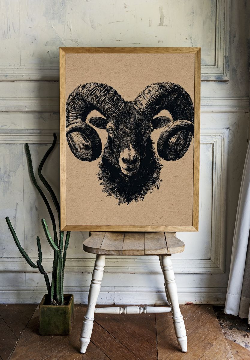 Ram Head Ink Print. room preview
