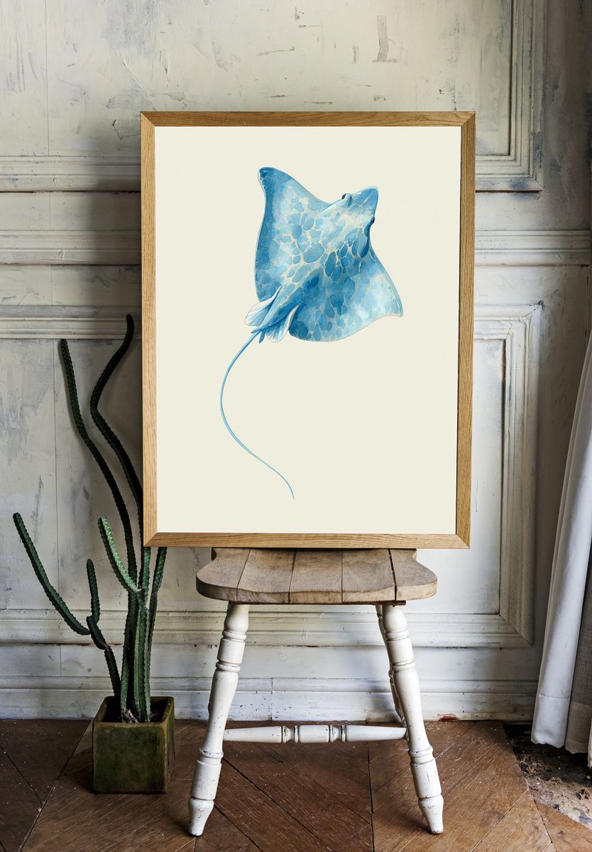 Blue Stingray Watercolor Print. — room view 1