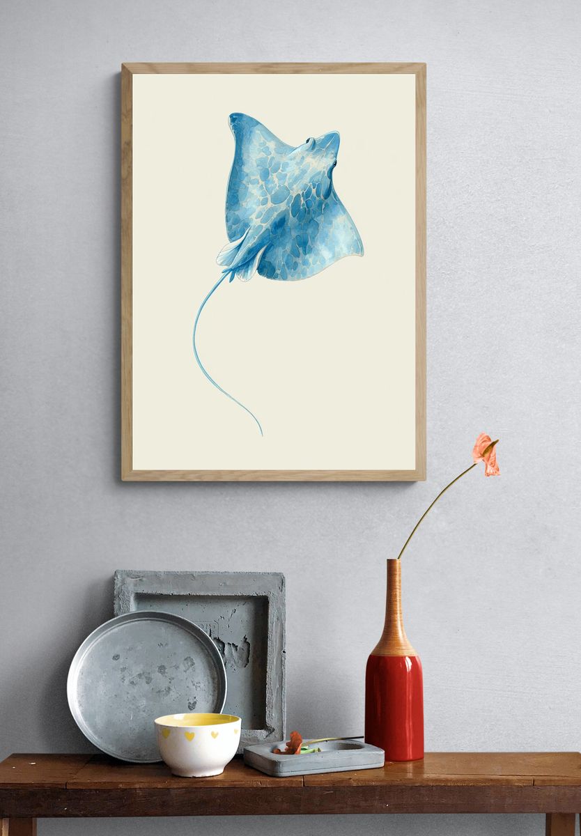 Blue Stingray Watercolor Print. — room view 3