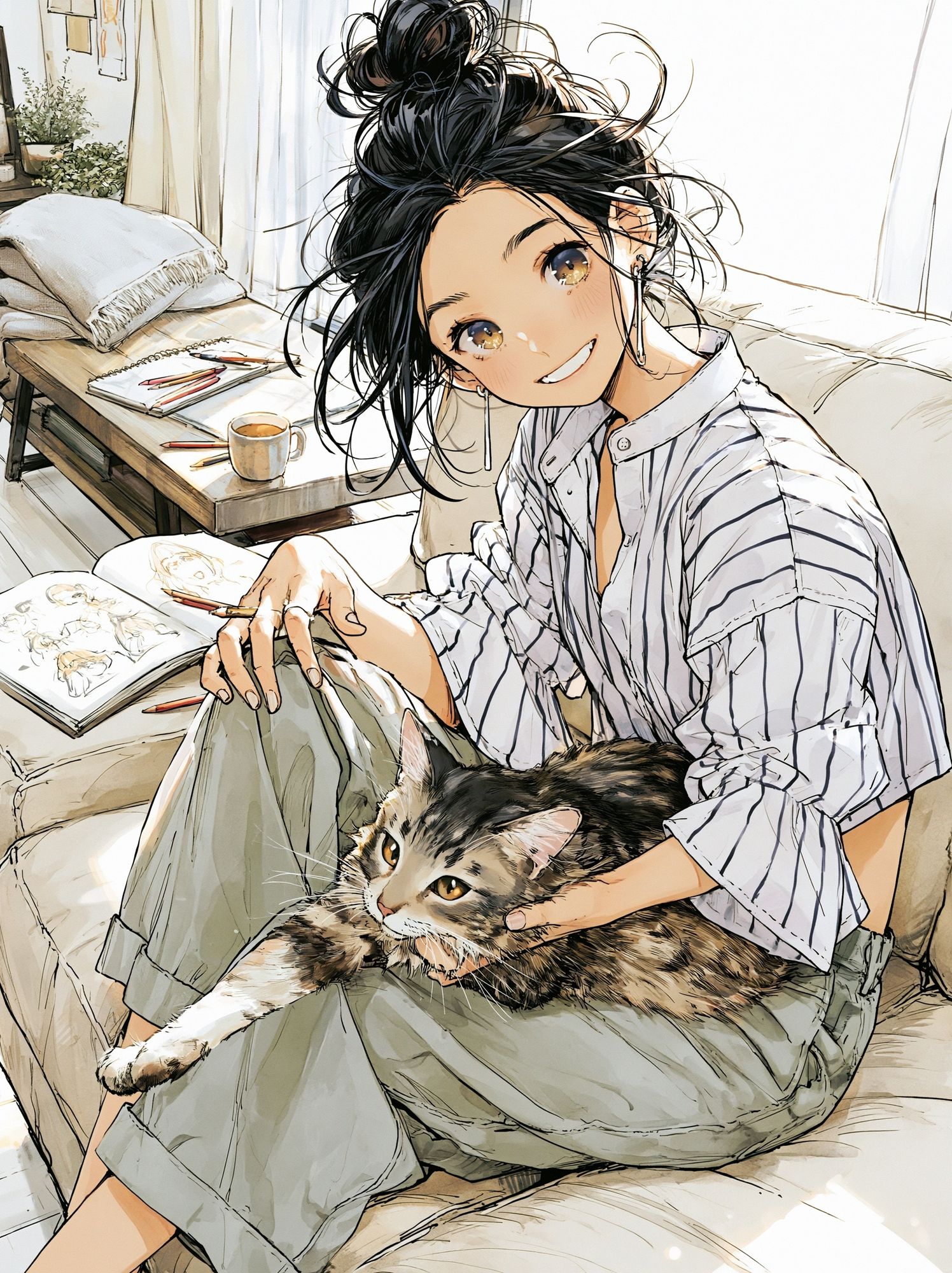 Girl and Cat Cozy Anime Poster. poster — anime art