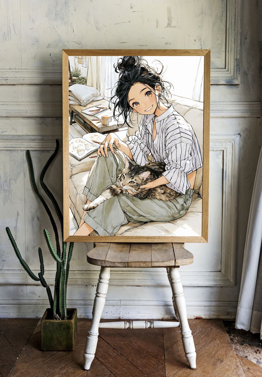 Girl and Cat Cozy Anime Poster. — room view 1