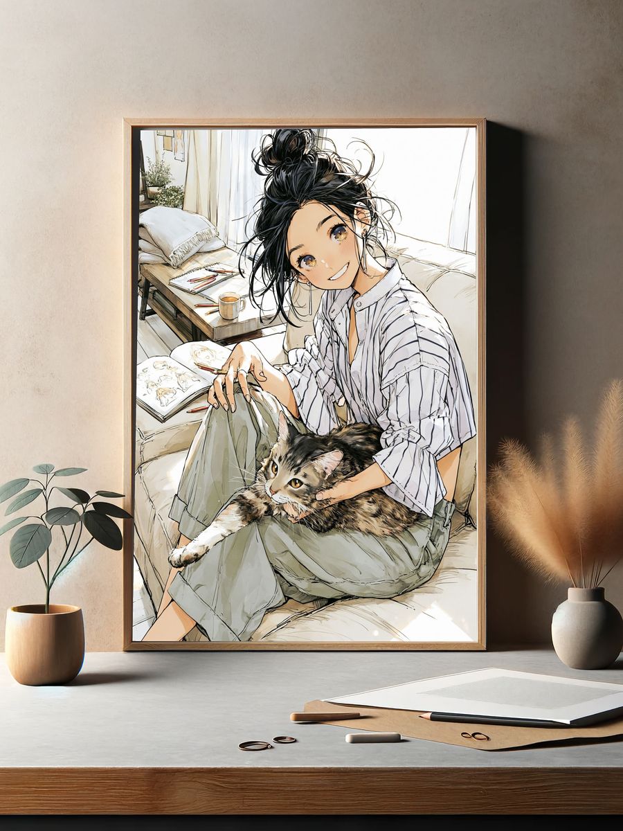Girl and Cat Cozy Anime Poster. — room view 2