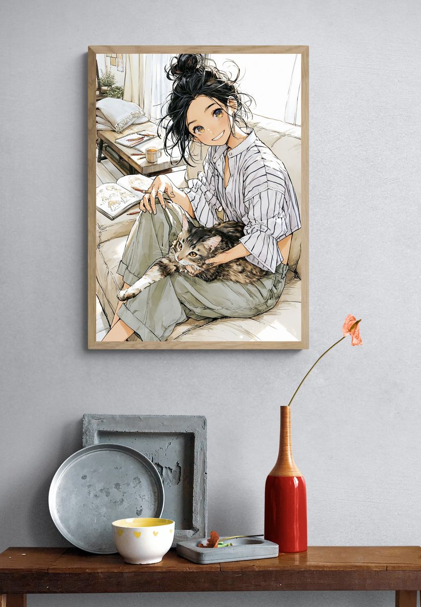 Girl and Cat Cozy Anime Poster. — room view 3