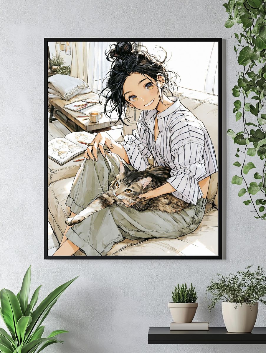 Girl and Cat Cozy Anime Poster. — room view 4