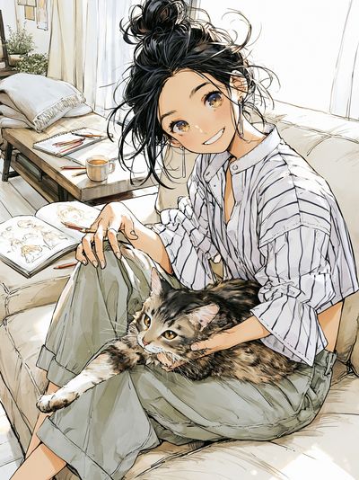 Girl and Cat Cozy Anime Poster. poster