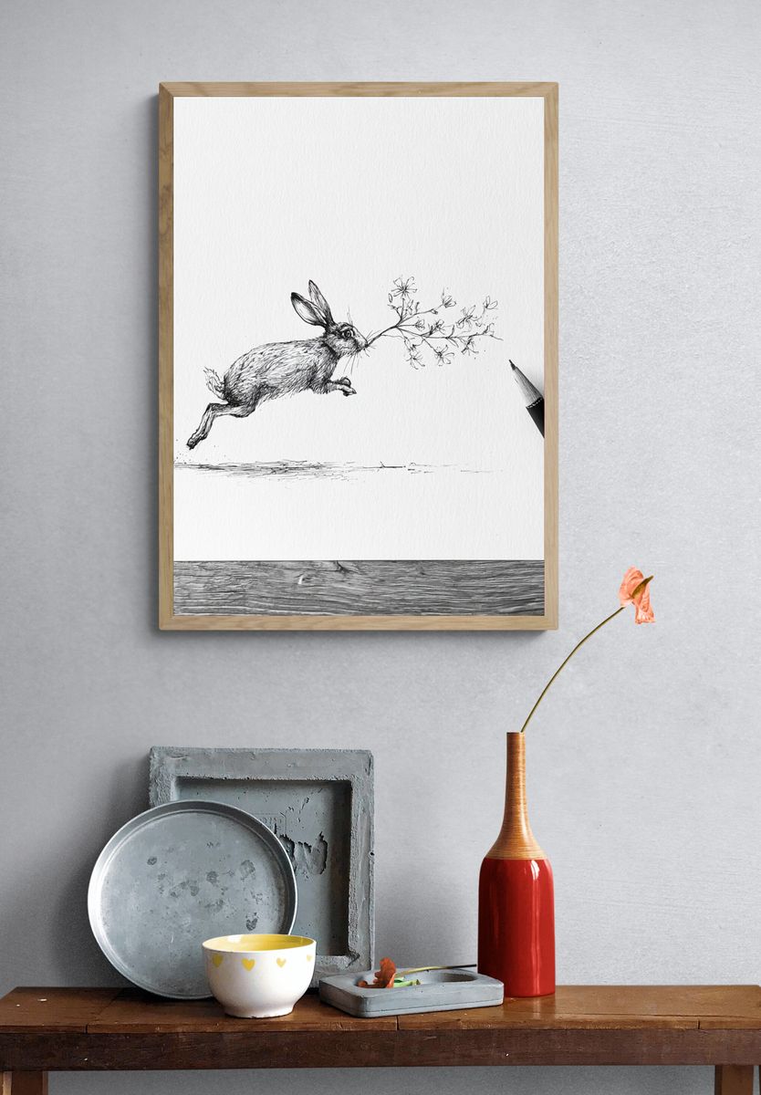 Leaping Hare Line Art Poster. — room view 3