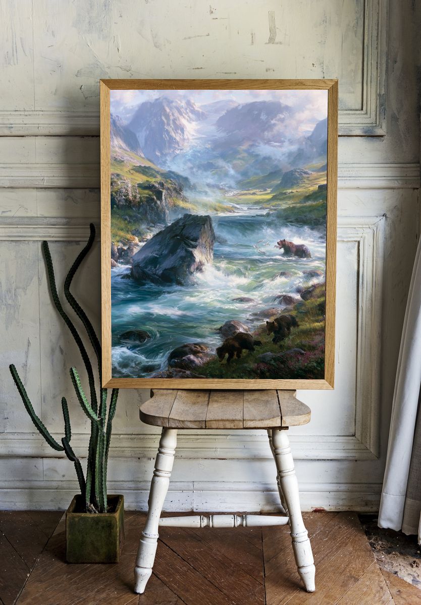Mountain River Bears Illustration Poster. room preview
