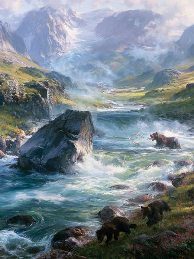 Mountain River Bears Illustration Poster.