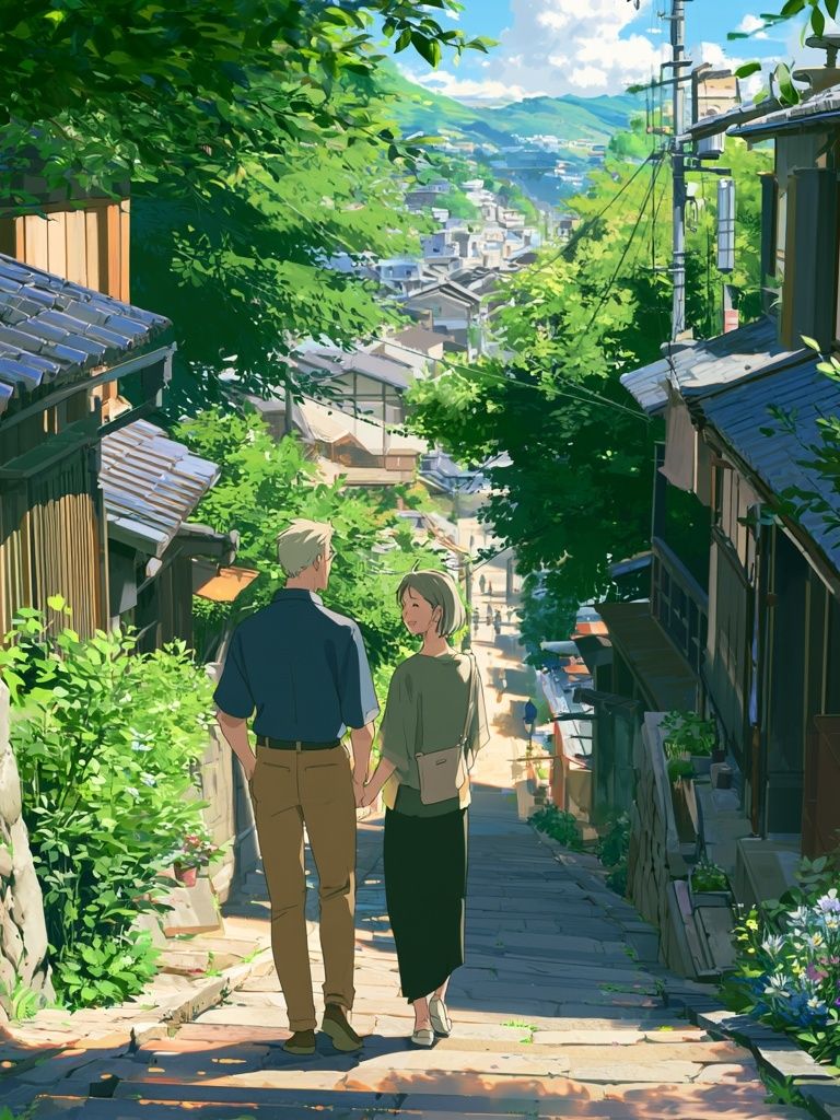 Sunlit Village Stroll Anime Print. poster — anime art