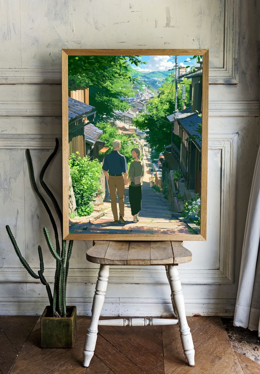Sunlit Village Stroll Anime Print. — room view 1