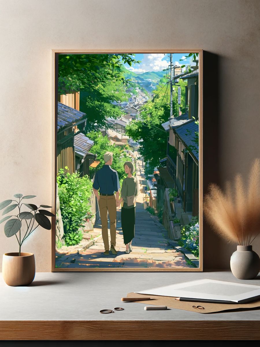 Sunlit Village Stroll Anime Print. — room view 2