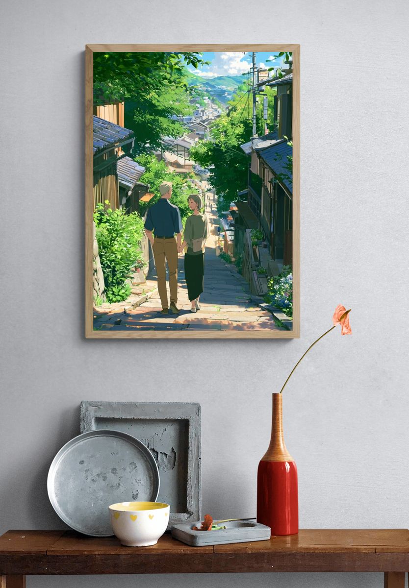 Sunlit Village Stroll Anime Print. — room view 3