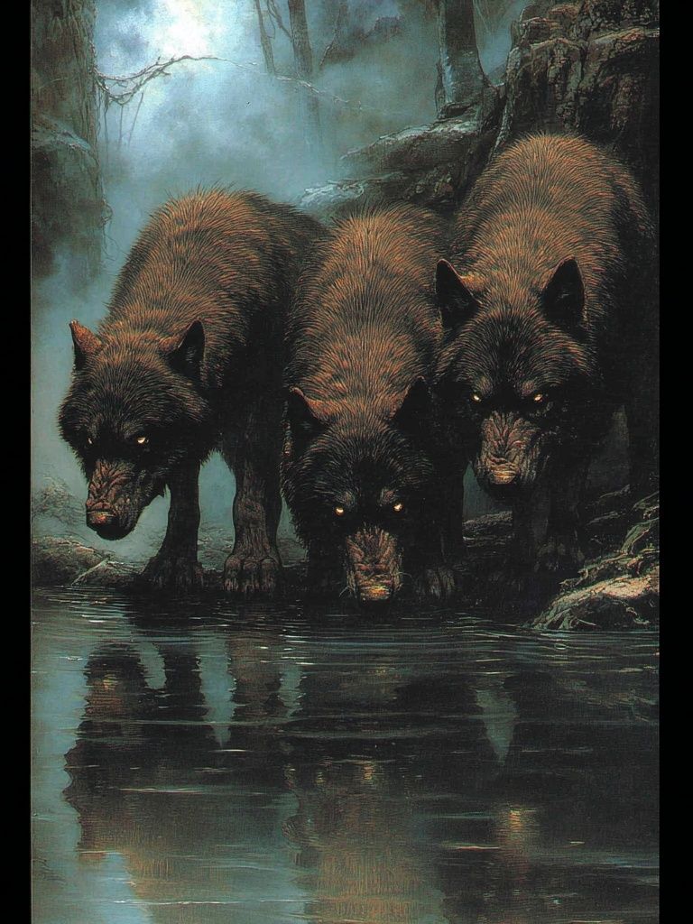Three Wolves in Mist Poster. poster detail
