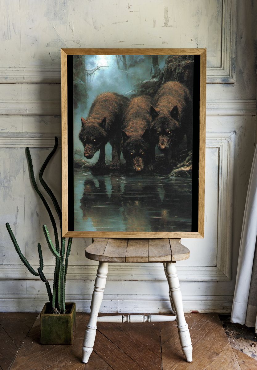 Three Wolves in Mist Poster. room preview