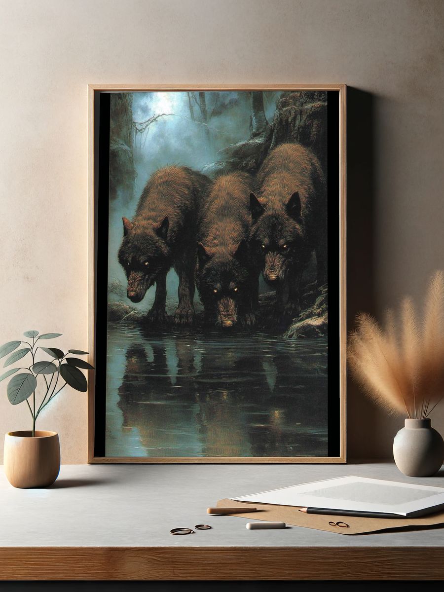 Three Wolves in Mist Poster. — room view 2