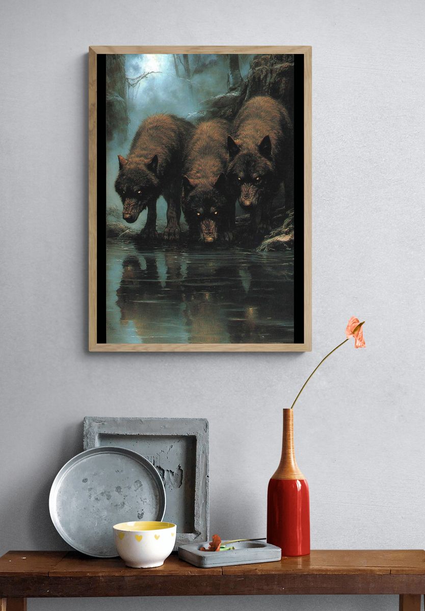 Three Wolves in Mist Poster. — room view 3