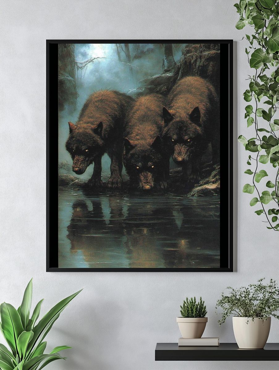 Three Wolves in Mist Poster. — room view 4