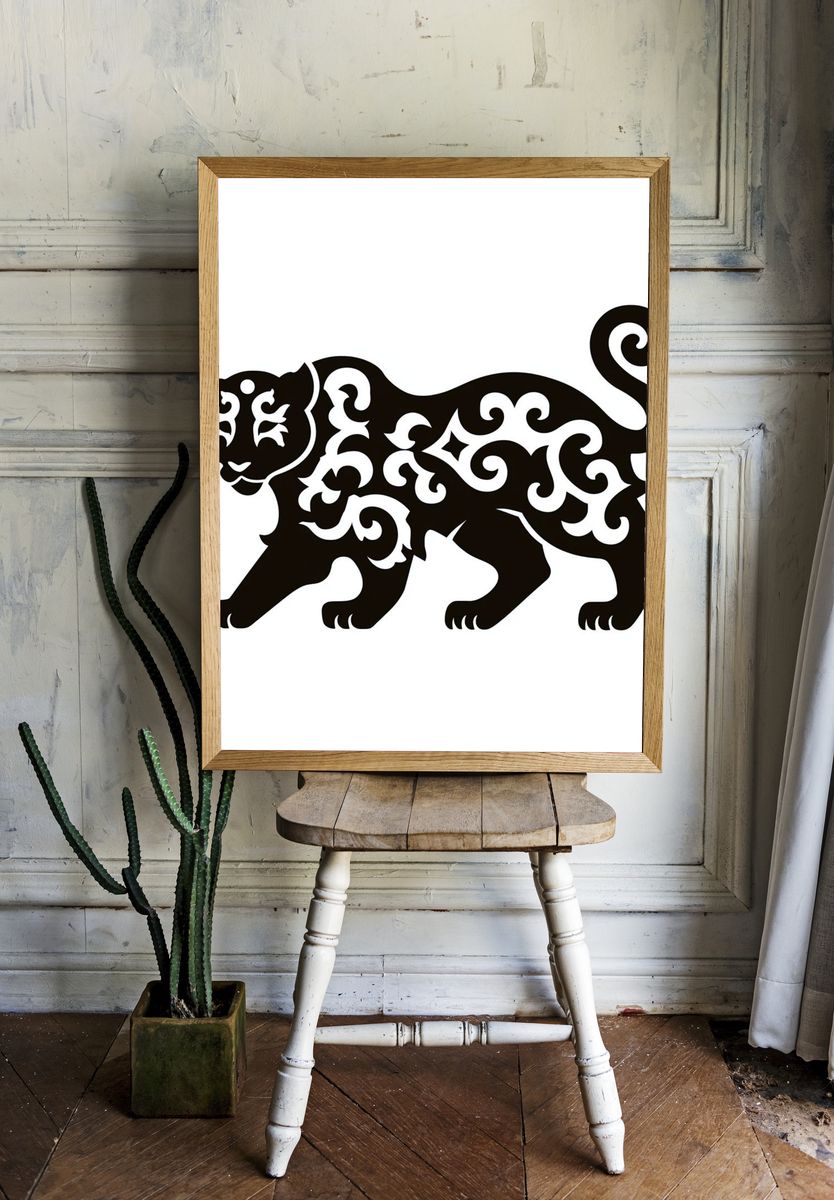 Ornamental Panther Black-White Print. room preview