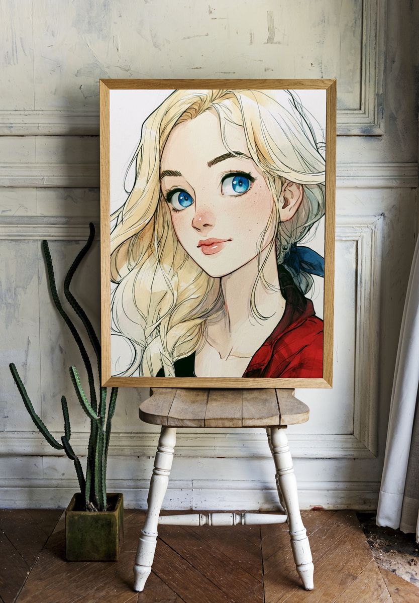 Blonde Anime Girl Portrait Print. room preview
