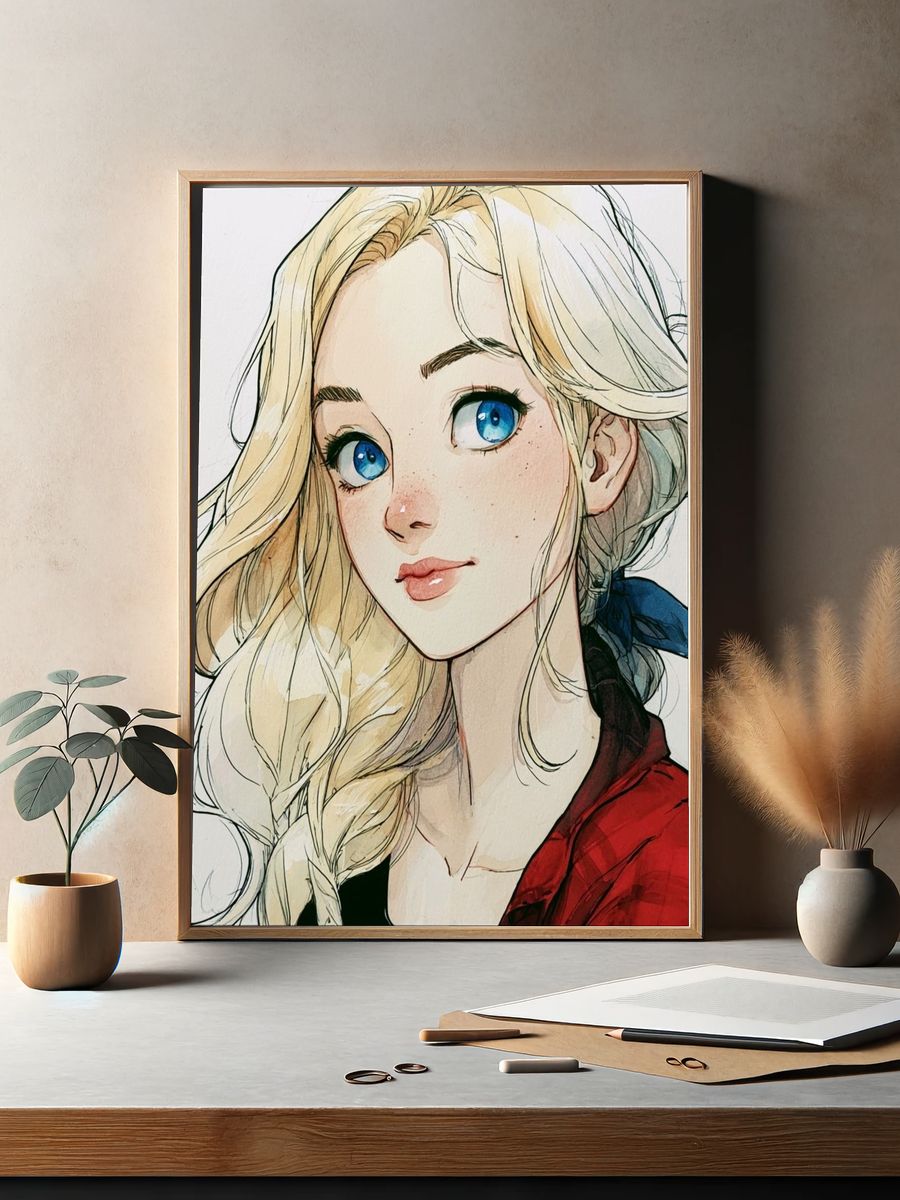 Blonde Anime Girl Portrait Print. — room view 2