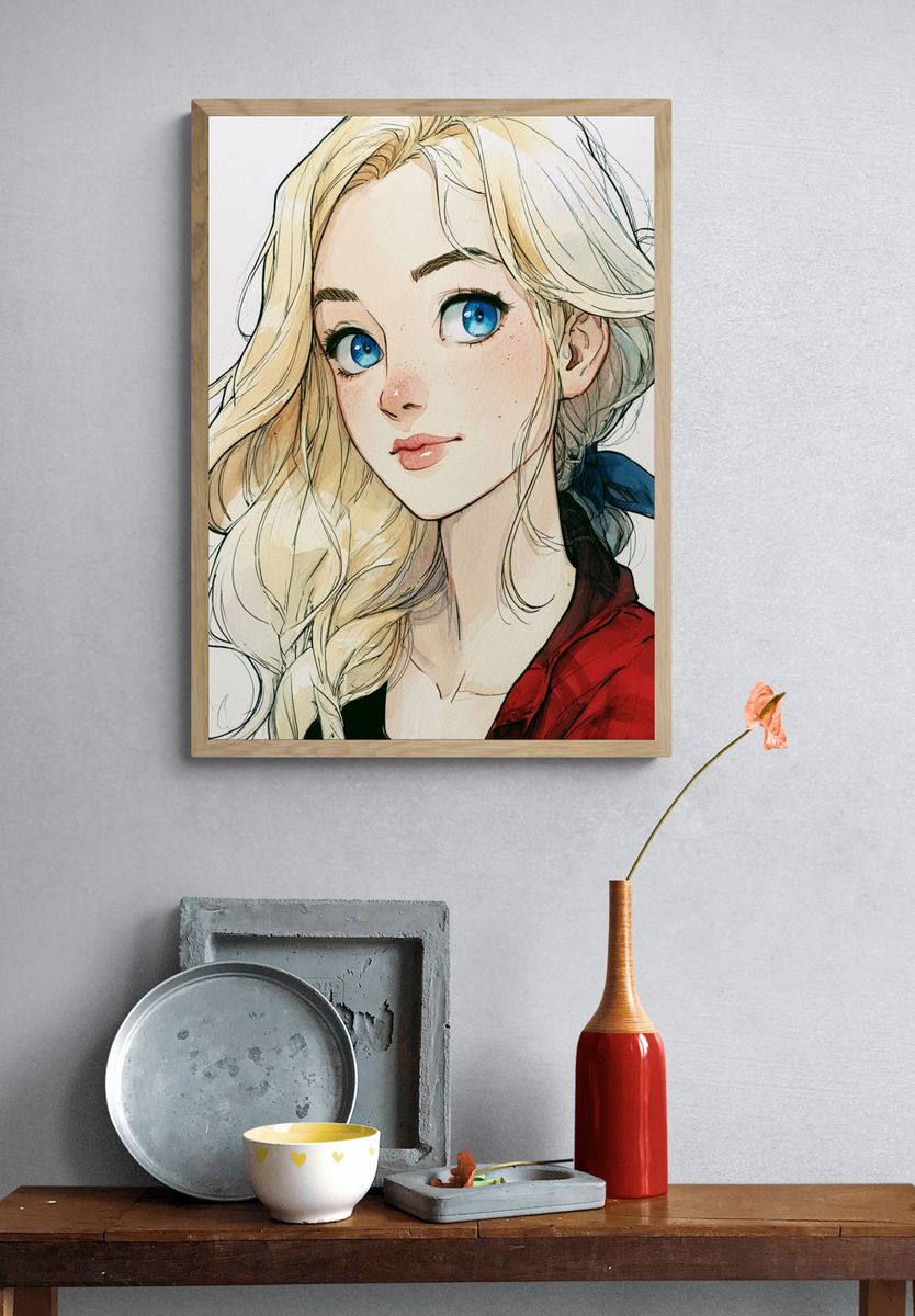 Blonde Anime Girl Portrait Print. — room view 3