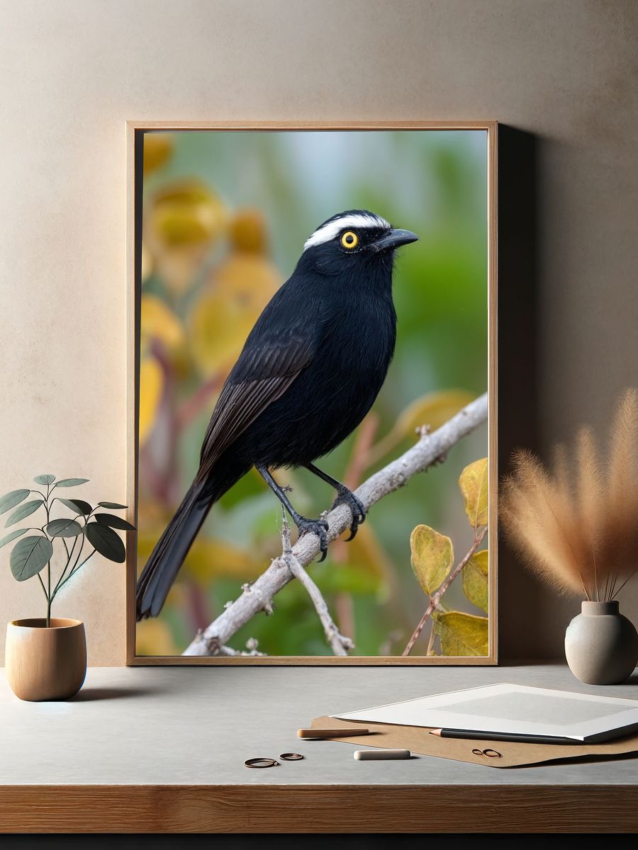 Black Bird on Branch Photography Poster. — room view 2