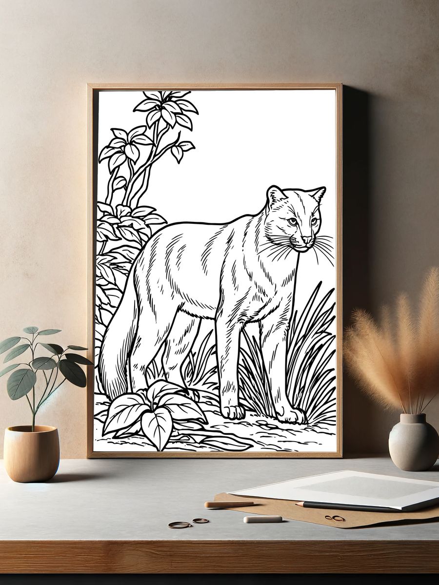 Wild Cat Botanical Line Art Poster. — room view 2