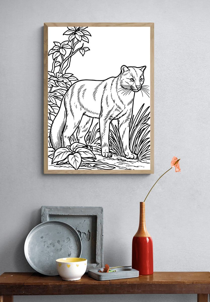 Wild Cat Botanical Line Art Poster. — room view 3
