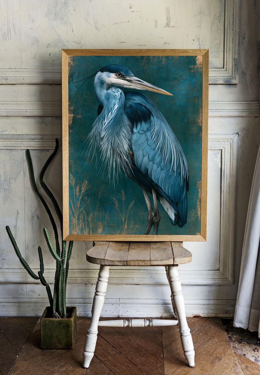 Blue Heron Portrait Print. room preview