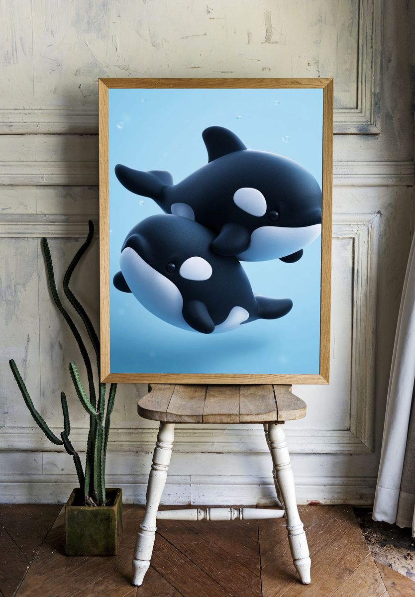 Cute Orca Duo Illustration Poster. — room view 1