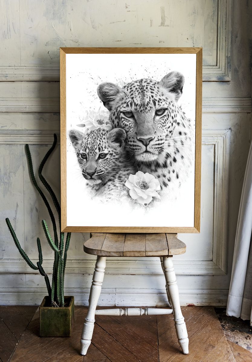 Leopard Mother and Cub Black-White Poster. — room view 1