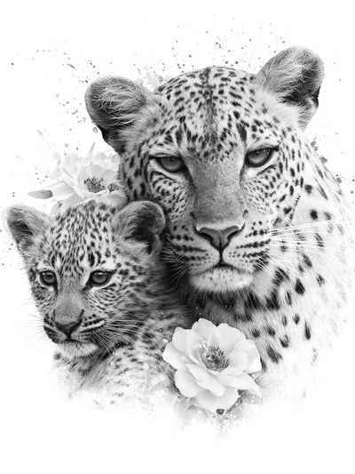 Leopard Mother and Cub Black-White Poster.