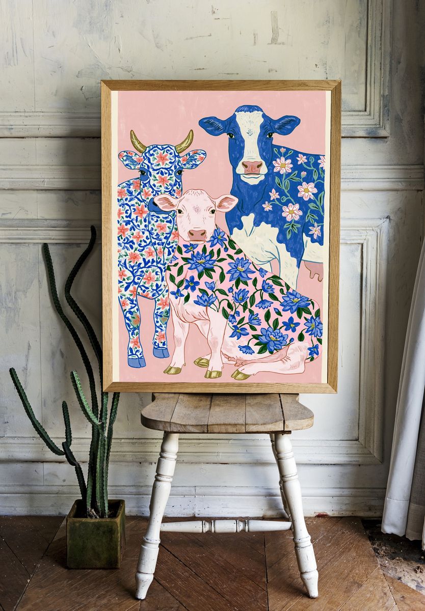 Floral Cows Illustration Poster. room preview