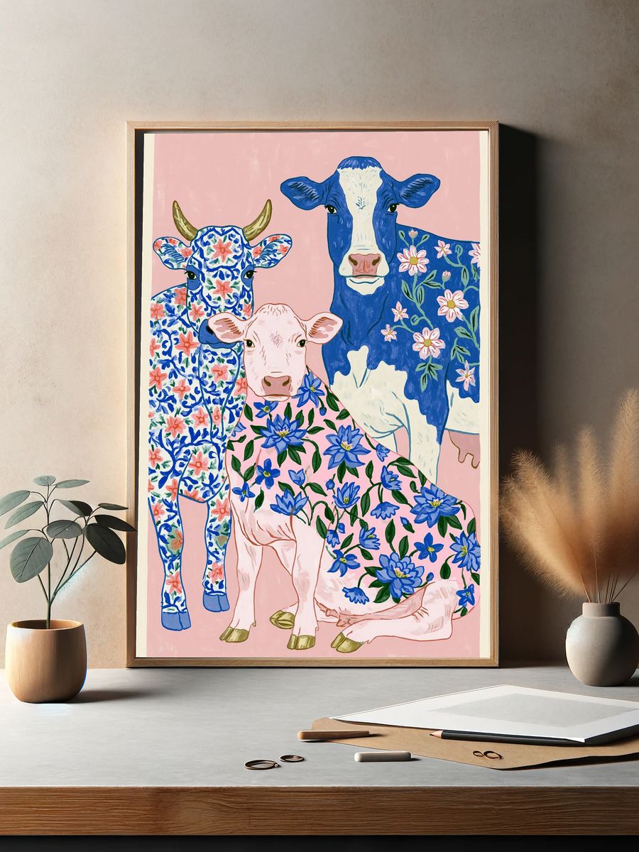 Floral Cows Illustration Poster. — room view 2
