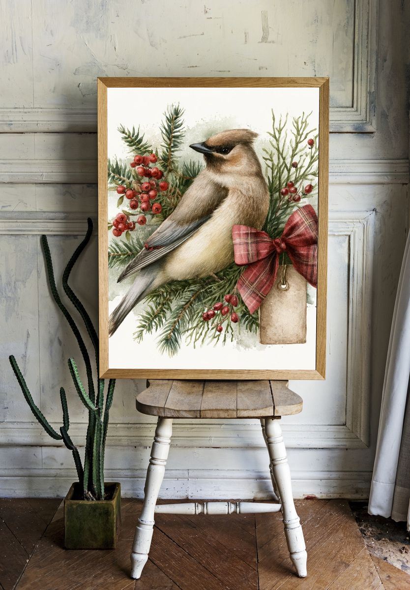 Cedar Waxwing Watercolor Poster. room preview