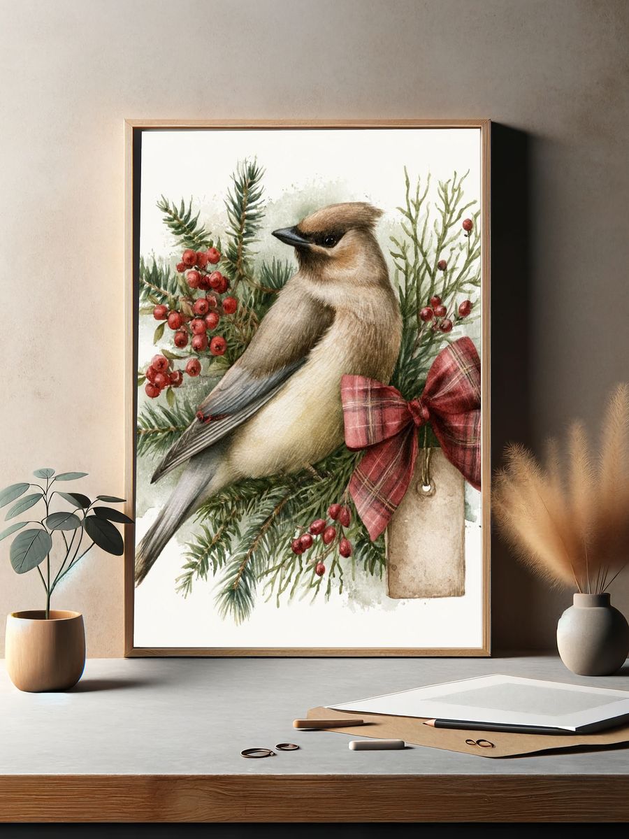 Cedar Waxwing Watercolor Poster. — room view 2